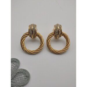 Vintage Christian Dior Gold Tone Rhinestone Door Knocker Chunky Clip On Earrings